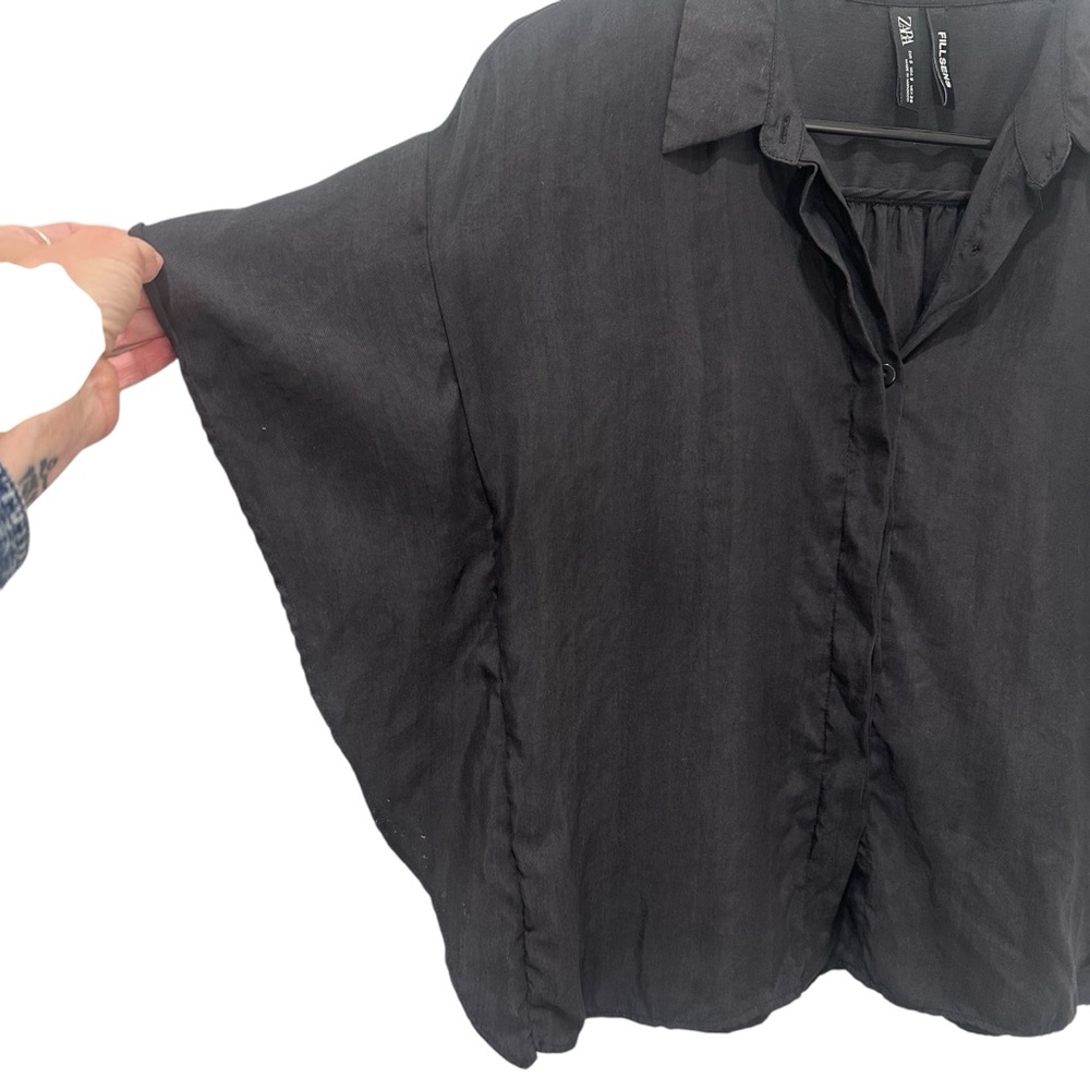 Zara Black Batwing short sleeve Women's button up boxy blouse S - Picture 2 of 5